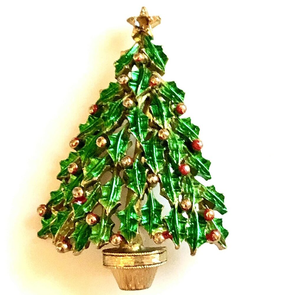 Vintage JJ JONETTE 2" Christmas Tree Brooch Pin Gold Metal Green Enamel Holly